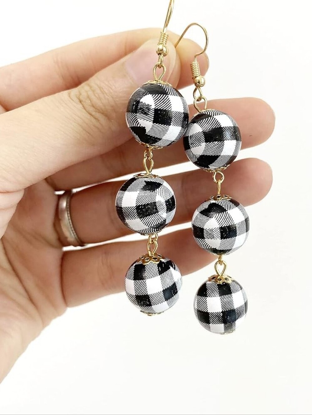 Lightweight Long Three Wooden Beaded Ball Dangle Drop Earrings